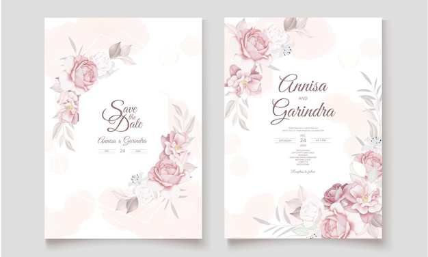 Wedding invitation card template set with beautiful  floral leaves