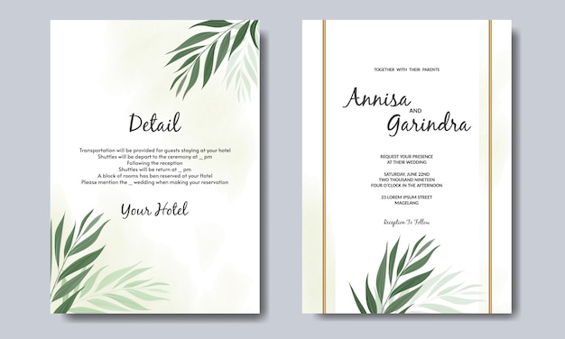 Wedding invitation card template set with beautiful floral leaves  