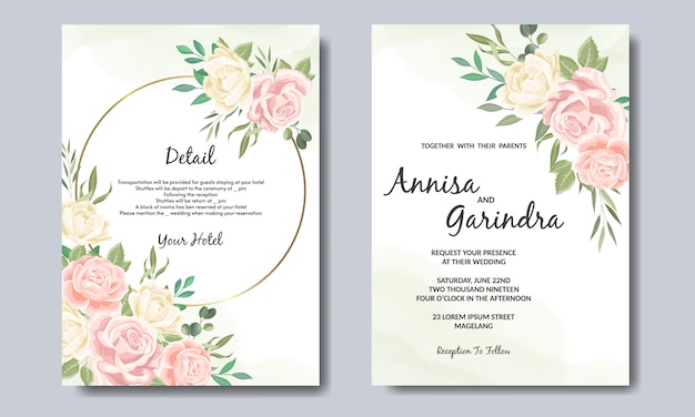 Wedding invitation card template set with beautiful floral leaves  