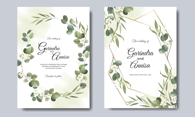 wedding invitation card template set with beautiful floral leaves  