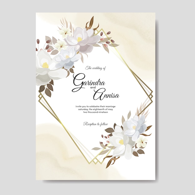 Wedding invitation card template set with beautiful floral leaves