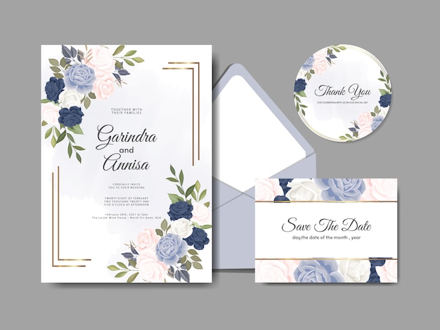 Wedding invitation card template set with beautiful floral leaves