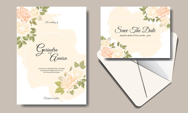 Wedding invitation card template set with beautiful floral leaves