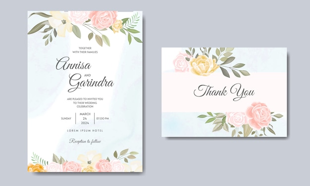 Wedding invitation card template set with beautiful floral leaves  