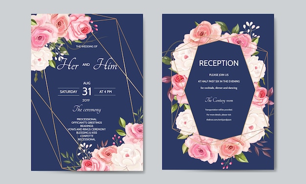 美しい花葉入り結婚式招待状カードのテンプレート