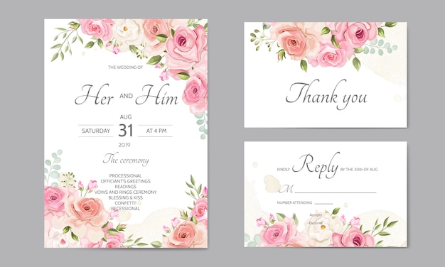 Modello di carta di invito di nozze impostato con belle foglie floreali