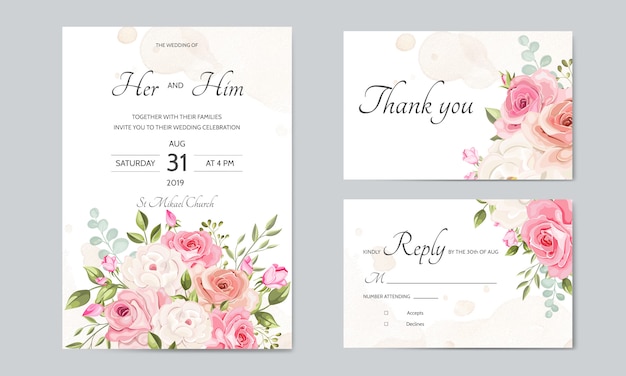 Wedding invitation card template set with beautiful floral leaves