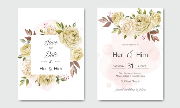 Wedding invitation card template set with beautiful floral leaves