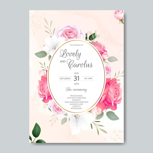 Wedding invitation card template set with beautiful floral leaves