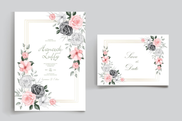 Wedding invitation card template set with beautiful floral leaves