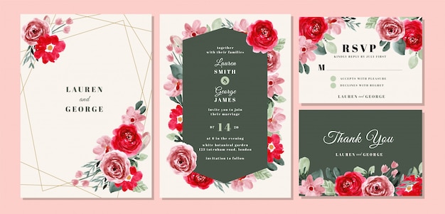 結婚式の招待カードテンプレート美しい花の水彩画と設定