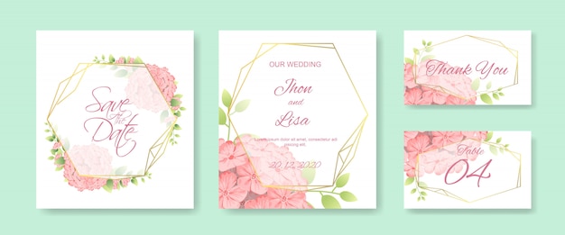 Wedding invitation card template set with beautiful flowers