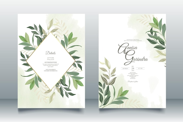 Wedding invitation card template set with beautiful leaves  