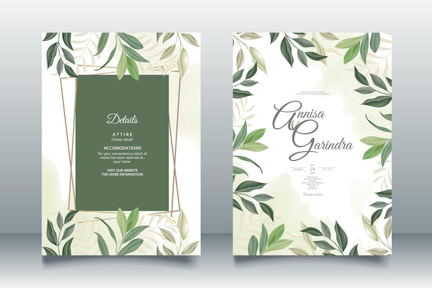 Wedding invitation card template set with beautiful leaves  