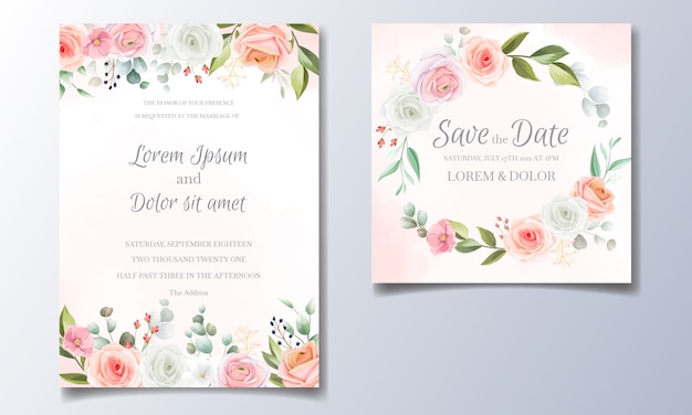美しいバラと葉で設定された結婚式の招待カードテンプレート