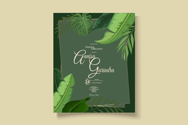 Wedding invitation card template set with beautiful tropical leaves Premium Vector