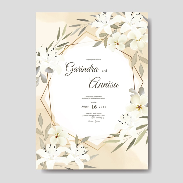 Wedding invitation card template set with beautiful white  floral leaves   