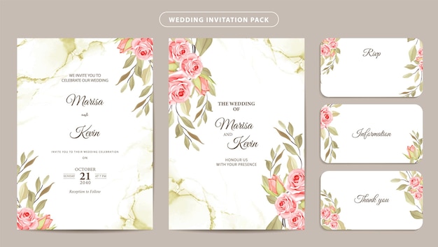 Wedding invitation card template set with flower bouquet Peach roses with watercolor background