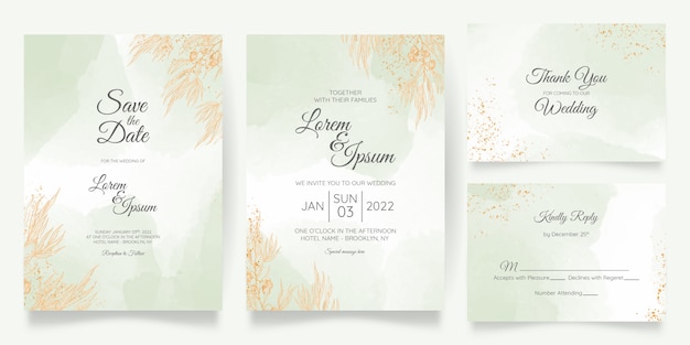 Wedding invitation card template set with golden floral decoration