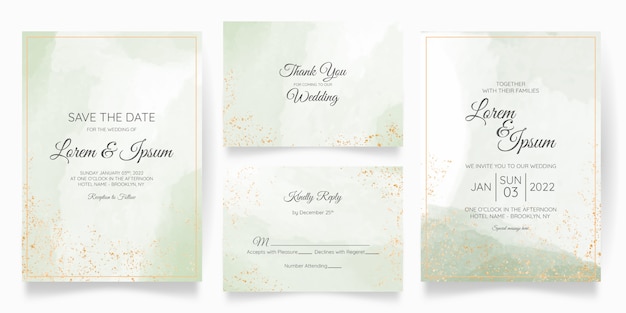 Vector wedding invitation card template set with golden floral decoration