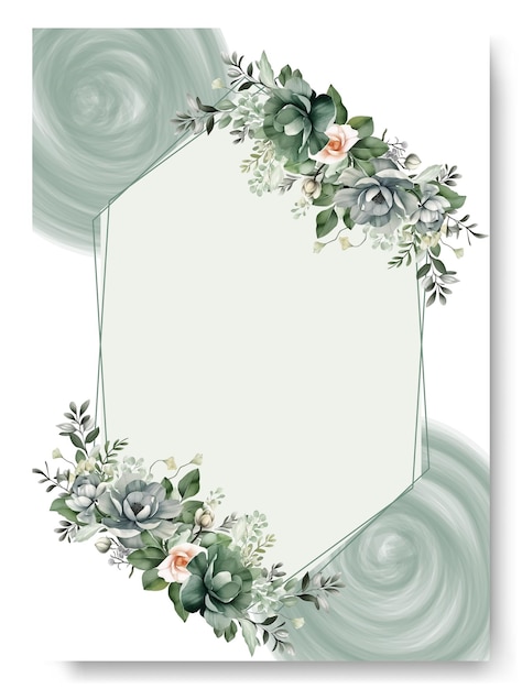 Vector wedding invitation card template set with green floral and watercolor background