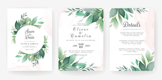 Wedding invitation card template set with leaves border.