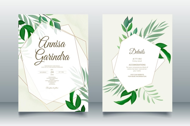 Wedding invitation card template set with leaves Premium Vector