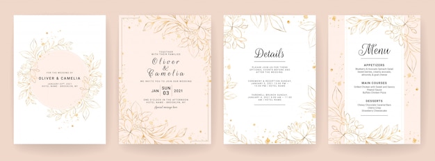 Wedding invitation card template set with line art floral decoration. Abstract background save the date, invitation, greeting card, multi-purpose 