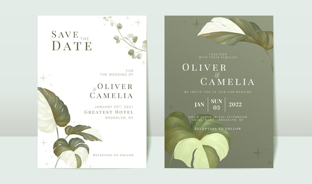 Wedding invitation card template set with monstera watercolor