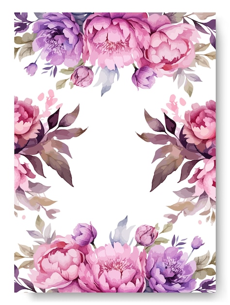 紫牡丹の花と水彩の背景を設定した結婚式の招待状カード テンプレート