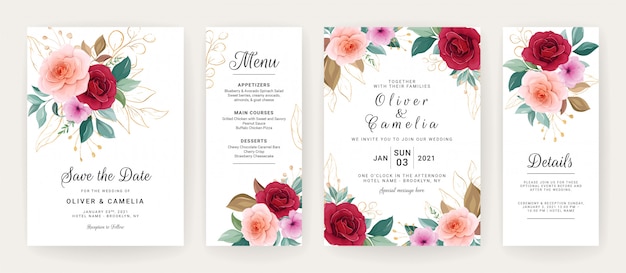 Il modello della carta dell'invito di nozze ha messo con le rose, i fiori dell'anemone e le foglie