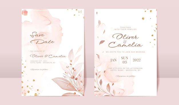 Vector wedding invitation card template set with soft floral and watercolor background