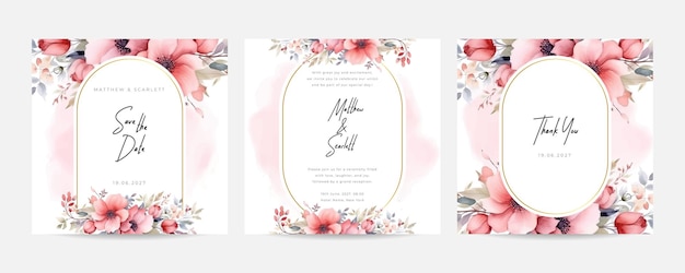 Wedding invitation card template set with soft pink begonia flowers and watercolor background