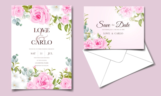 Wedding invitation card template set with soft pink floral decorations