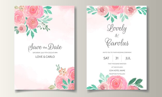 Wedding invitation card template set with soft pink floral and leaves watercolor