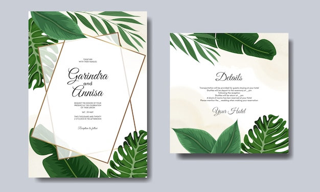 Wedding invitation card template set with tropical leaves decoration