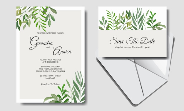 Wedding invitation card template set with tropical leaves decoration