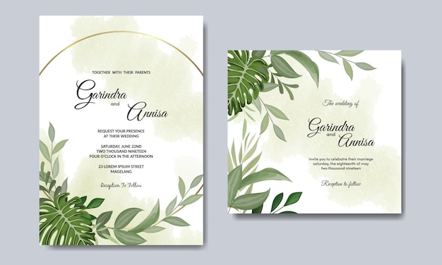 Vector wedding invitation card template set with tropical leaves decoration