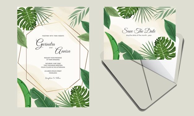 Wedding invitation card template set with tropical leaves decoration  