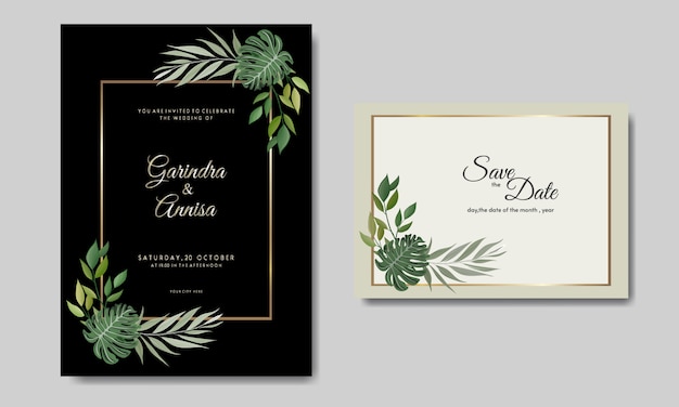 Il modello della carta dell'invito di nozze ha messo con la decorazione tropicale delle foglie