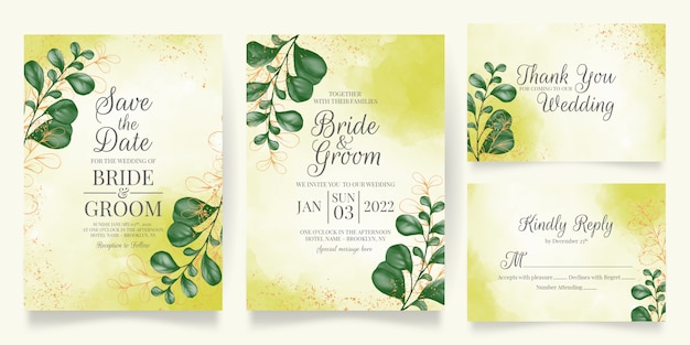 wedding invitation card template set with watercolor creamy golden floral decoration