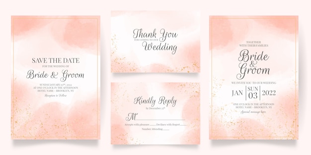 Wedding invitation card template set with watercolor decoration