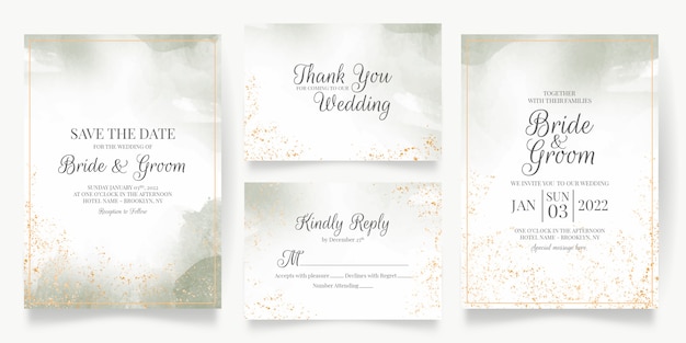 Wedding invitation card template set with watercolor decoration