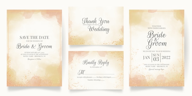 Wedding invitation card template set with watercolor decoration