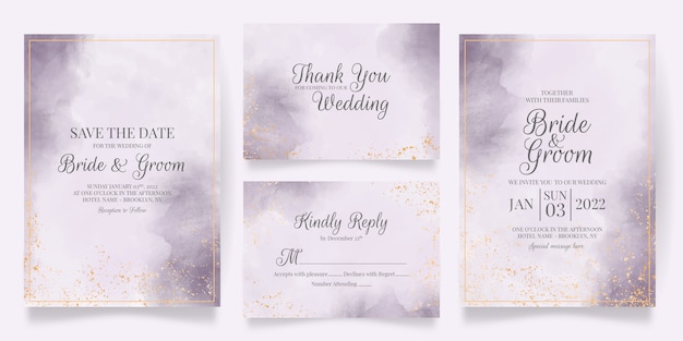 Wedding invitation card template set with watercolor decoration