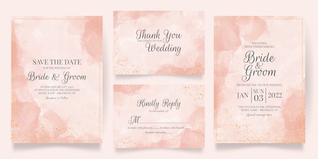 Wedding invitation card template set with watercolor decoration