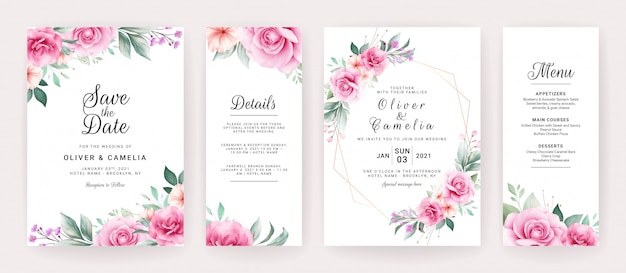 Wedding invitation card template set with watercolor floral arrangements and border.