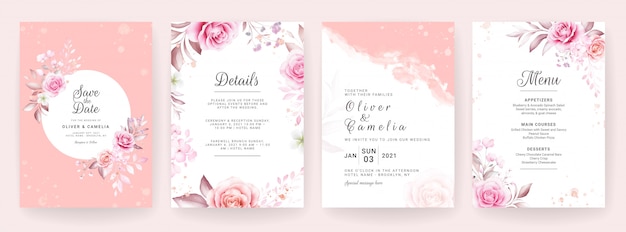 Il modello della carta dell'invito di nozze ha messo con l'acquerello e la decorazione floreale. sfondo di fiori per salvare la data, saluto, rsvp, grazie