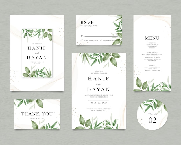 Wedding invitation card template set with watercolor foliage decoration