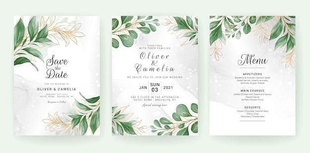 Vector wedding invitation card template set with watercolor leaves decoration.
